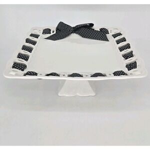 Coastline Imports Heirloom White Porcelain Cake Stand Black Ribbon Pedestal Tray